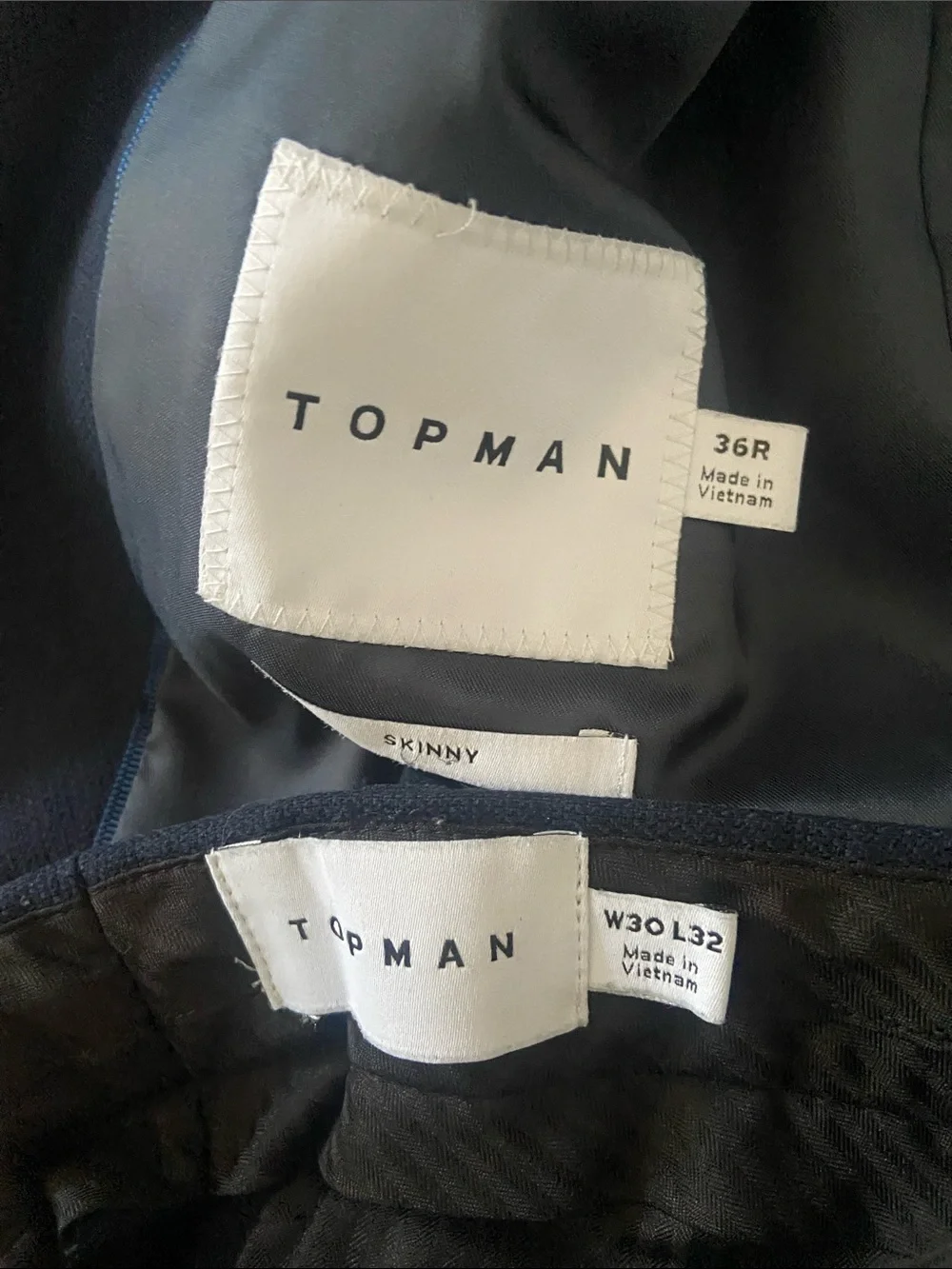 Topman Men's Navy Blue Skinny Suit Blazer 36R and Skinny Trousers 30Wx32L